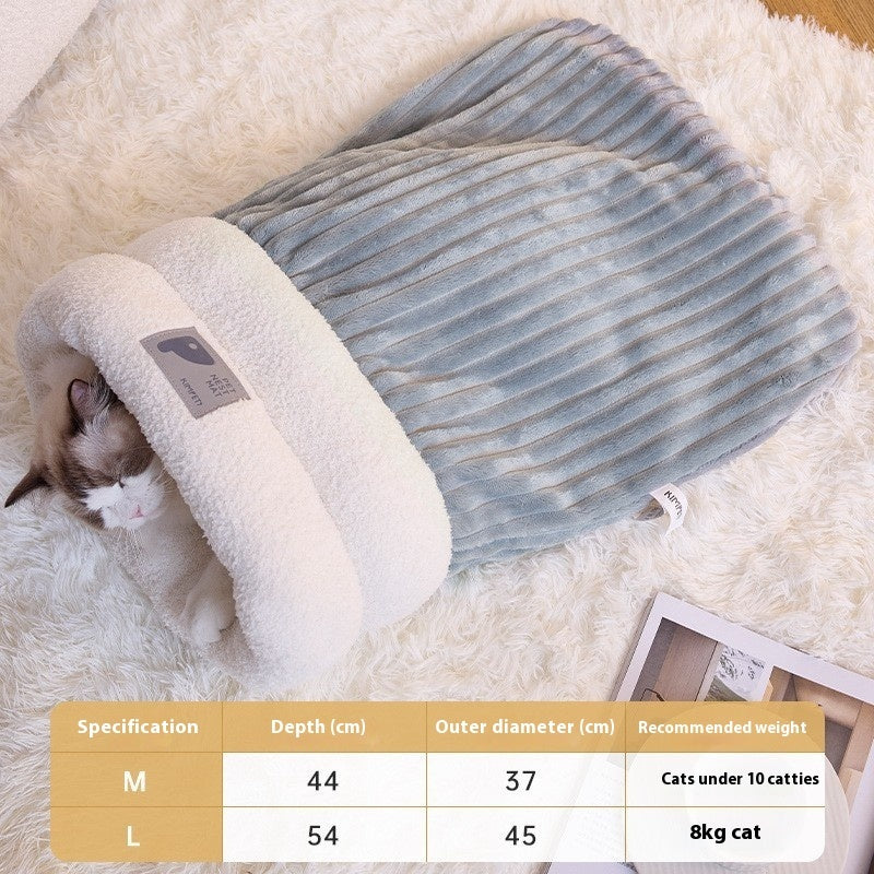 Sac de couchage pour animaux de compagnie d'hiver chaud et doux en peluche, nid semi-fermé pour chats, sac de couchage confortable pour la maison, accessoires pour lits de chats et de chiens.