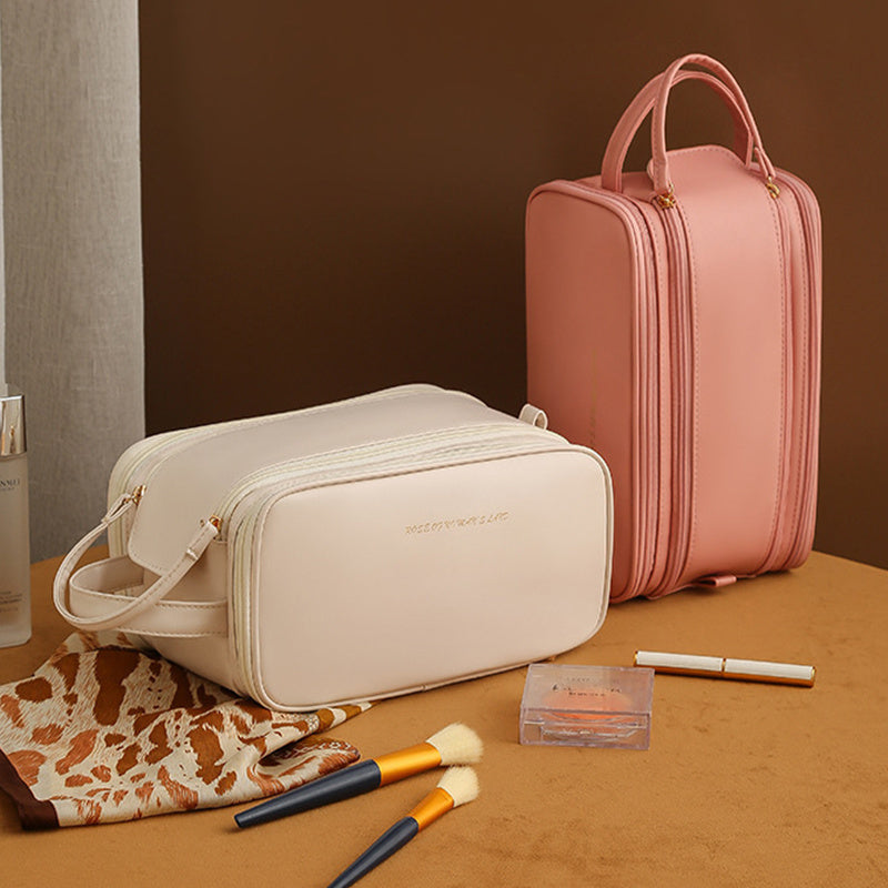 Trousse de maquillage à trois couches à double fermeture éclair en forme de U, trousse de maquillage tendance de grande capacité, sac de rangement portable en cuir PU pour produits de soins de la peau