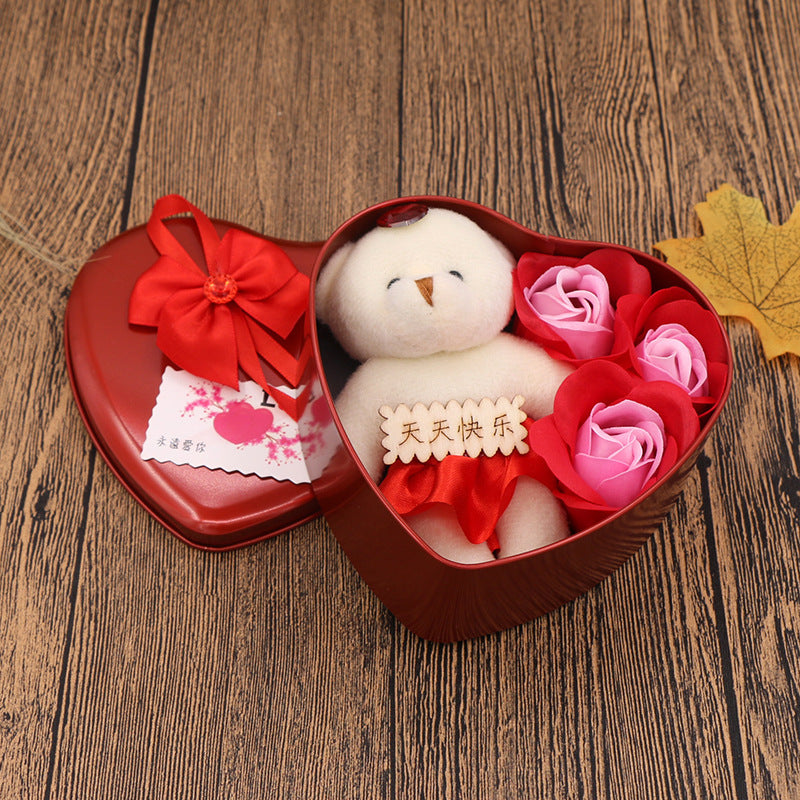 Coffret cadeau fleur de savon Cadeau Saint Valentin Fête des Mères Cadeaux créatifs Ours Fleur Rose Boîte en fer blanc en forme de cœur