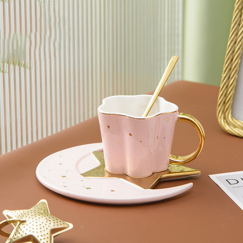 Tasse créative en céramique avec soucoupe en forme d'étoile et de lune
