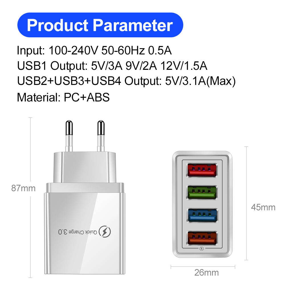 Chargeur USB Quick Charge 3.0 Adaptateur pour 4 téléphones pour tablette Chargeur mural portable Chargeur rapide
