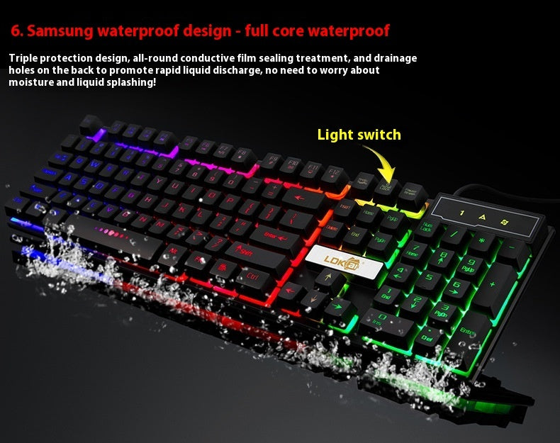 Clavier de jeu industriel avec câble USB lumineux.