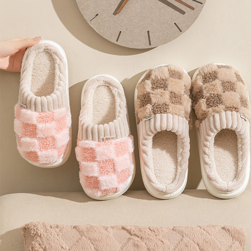 Pantoufles en peluche à carreaux pour femmes, pantoufles d'intérieur en peluche, semelles souples, épaisses, antidérapantes, chaussures de maison chaudes pour couple, automne et hiver