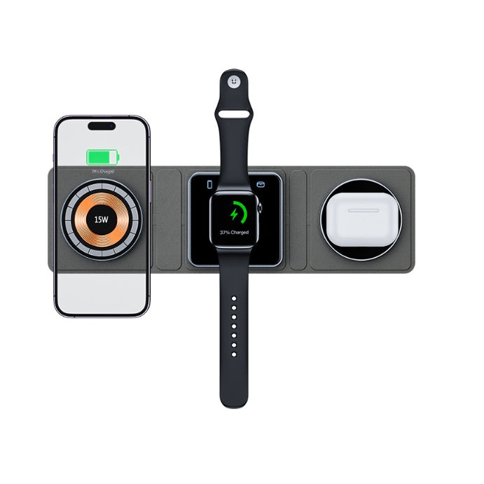 Station de chargement sans fil magnétique pliable 3 EN 1 pour iPhone, chargement rapide transparent pour iWatch et AirPods.