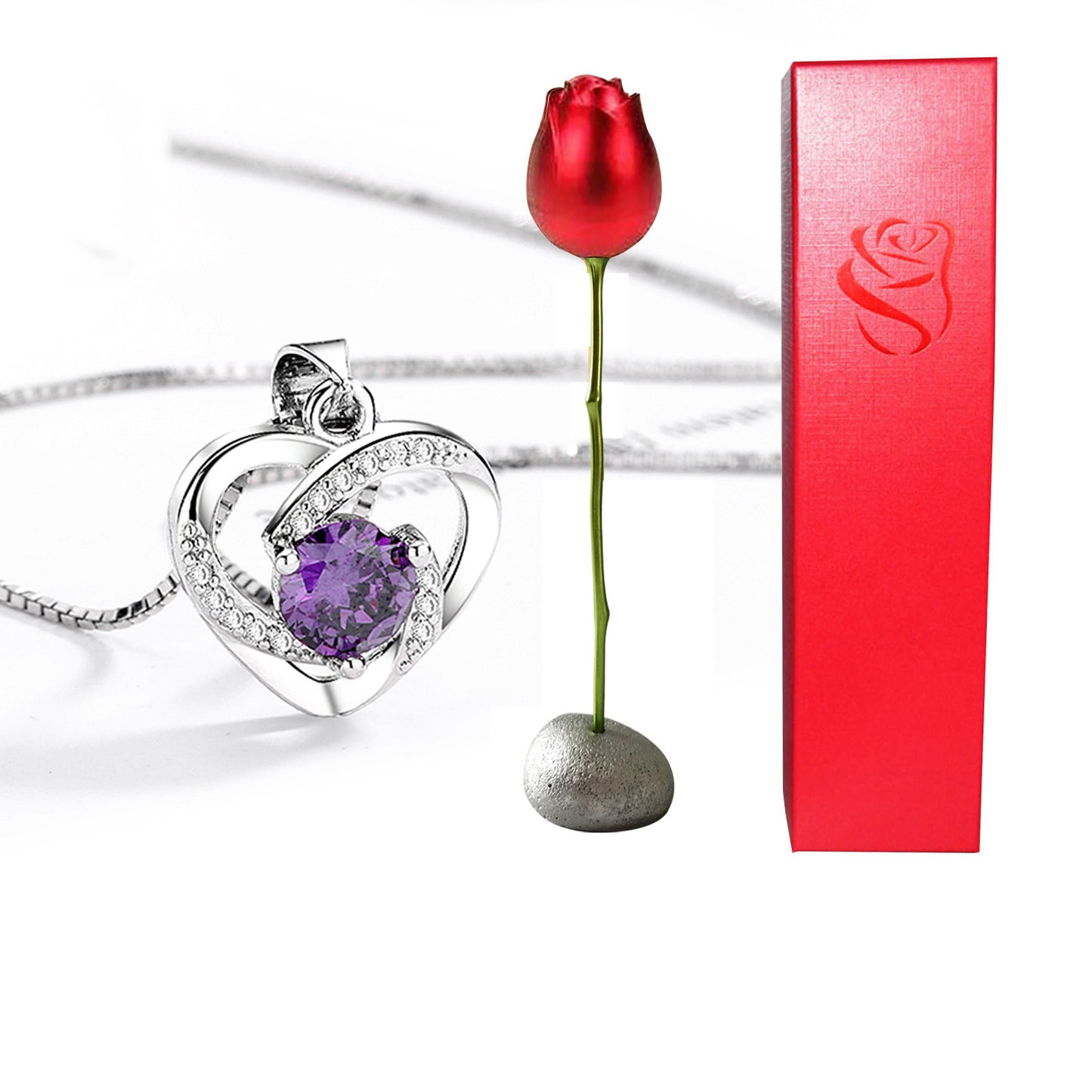 Collier avec pendentif en forme de cœur en cristal bleu violet et diamant en forme de tête de rose pour la Saint-Valentin
