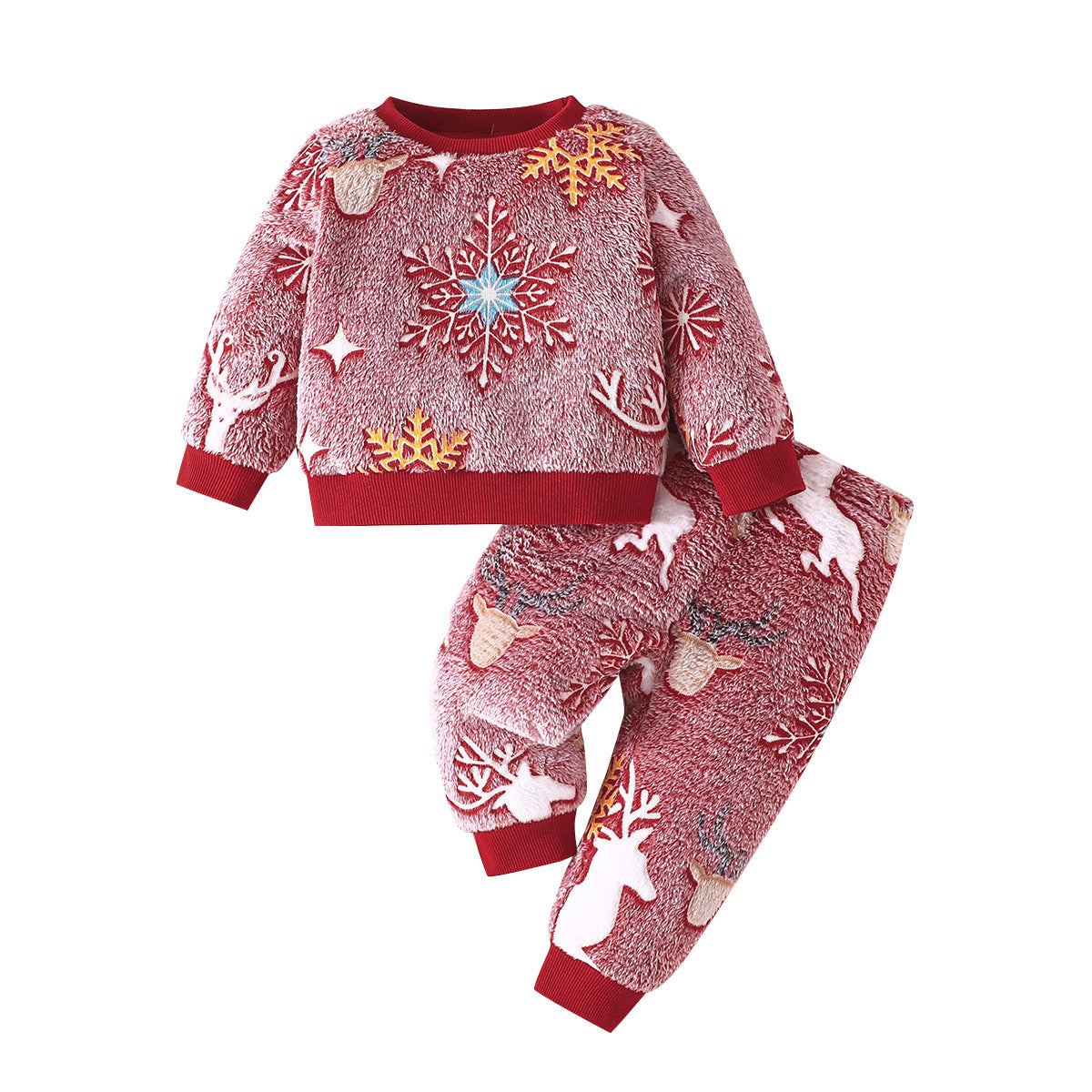 Ensemble de deux pièces comprenant un pull à col rond à manches longues avec motif de Noël et un pantalon.