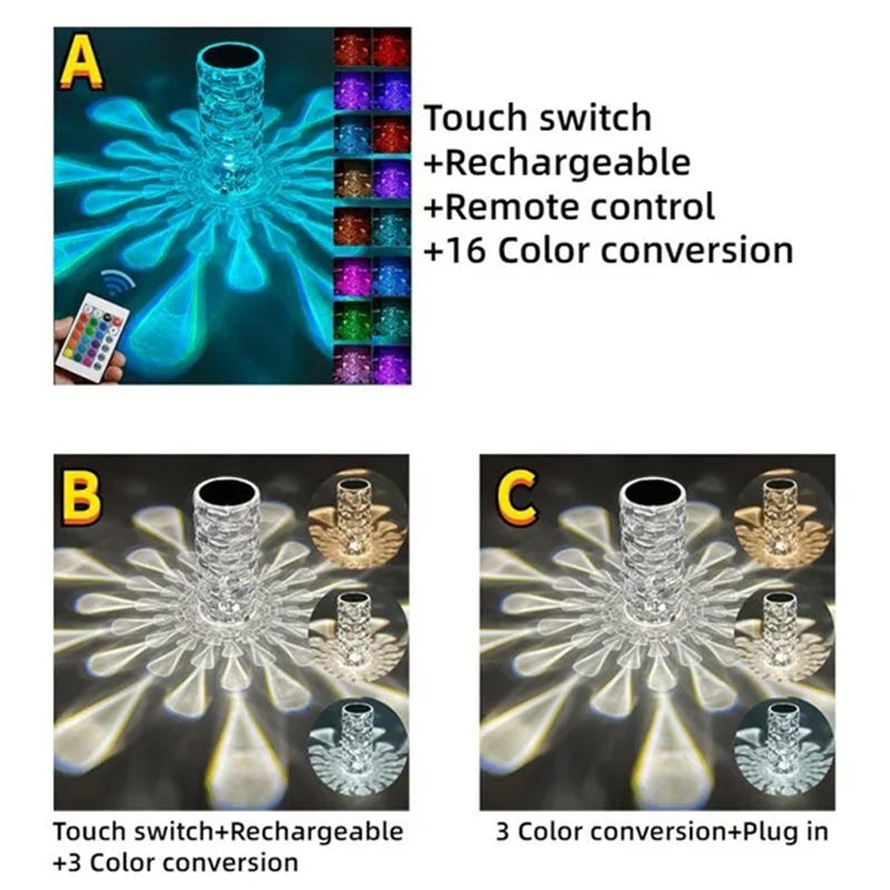 Lampe de table en cristal rechargeable, lumière de nuit en diamant avec une forme de goutte, lampe LED de chevet 3 et 16 couleurs, lampe tactile pour la décoration de la maison et de la chambre.
