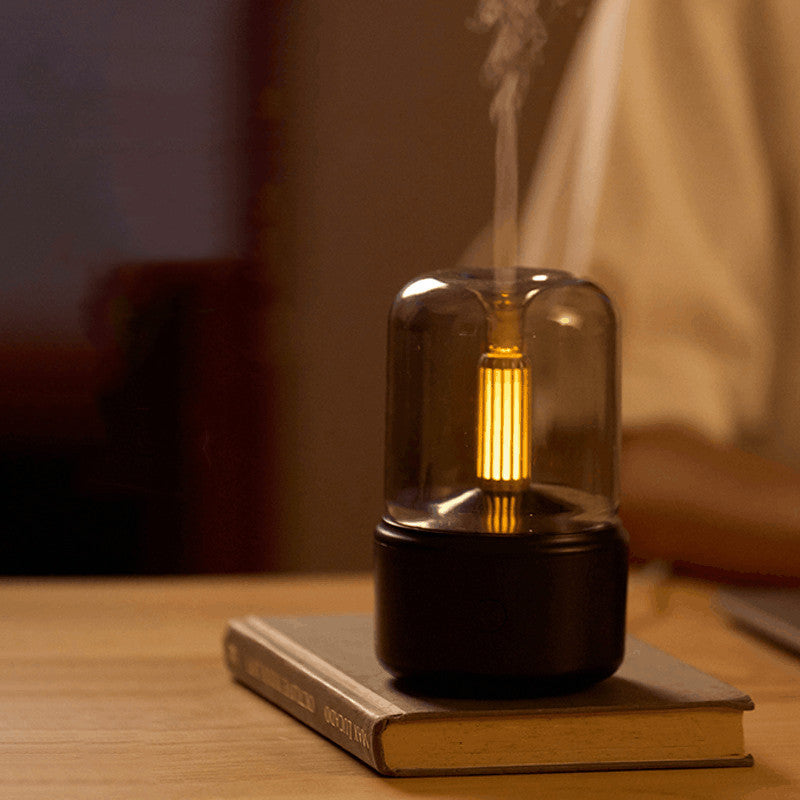 Humidificateur d'air électrique portable de 120 ml avec diffuseur d'arôme à lumière d'ambiance, bougie, brumisateur à brouillard frais, 8-12 heures avec veilleuse LED.