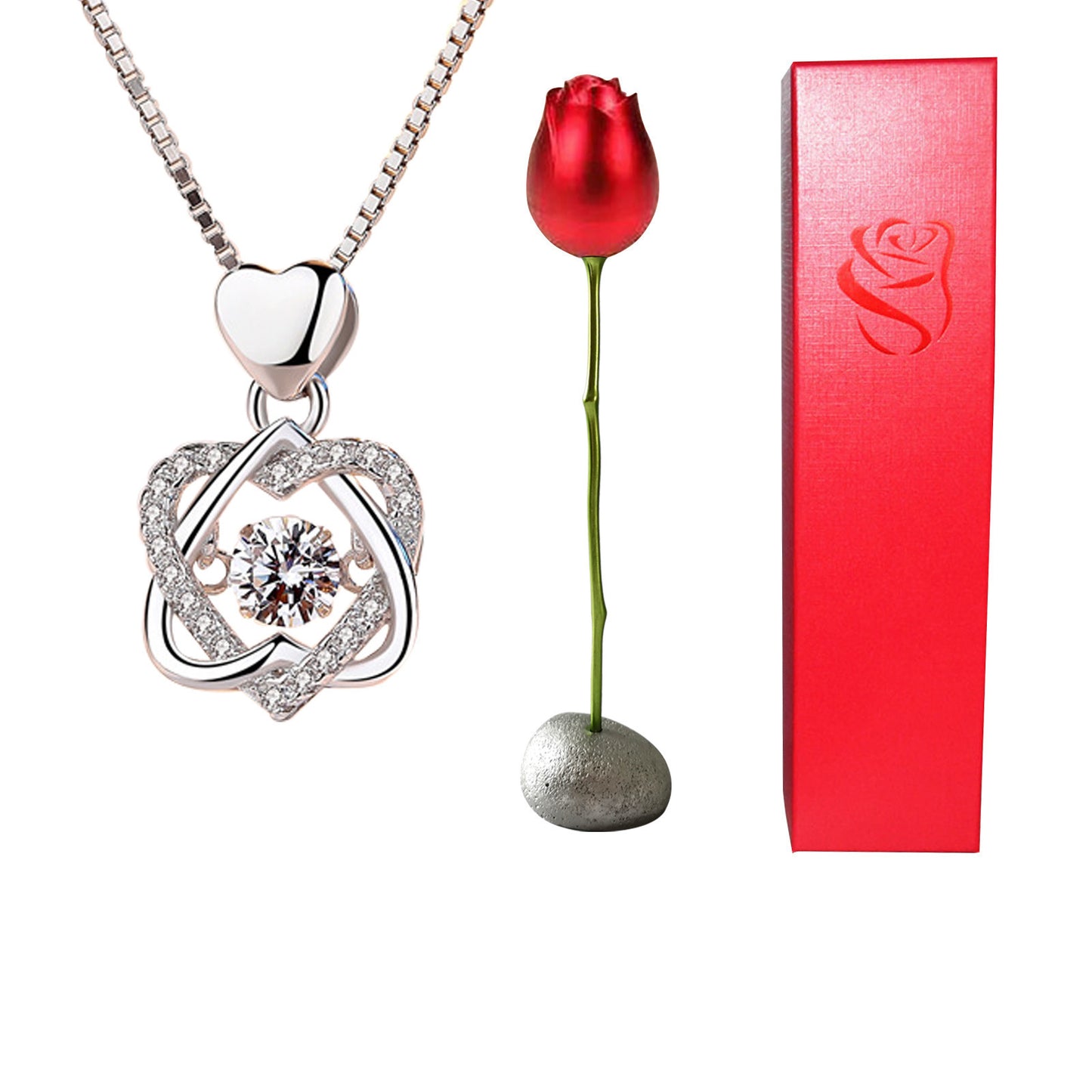 Collier avec pendentif en forme de cœur en cristal bleu violet et diamant en forme de tête de rose pour la Saint-Valentin