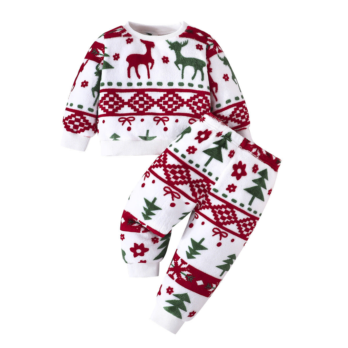 Ensemble de deux pièces comprenant un pull à col rond à manches longues avec motif de Noël et un pantalon.