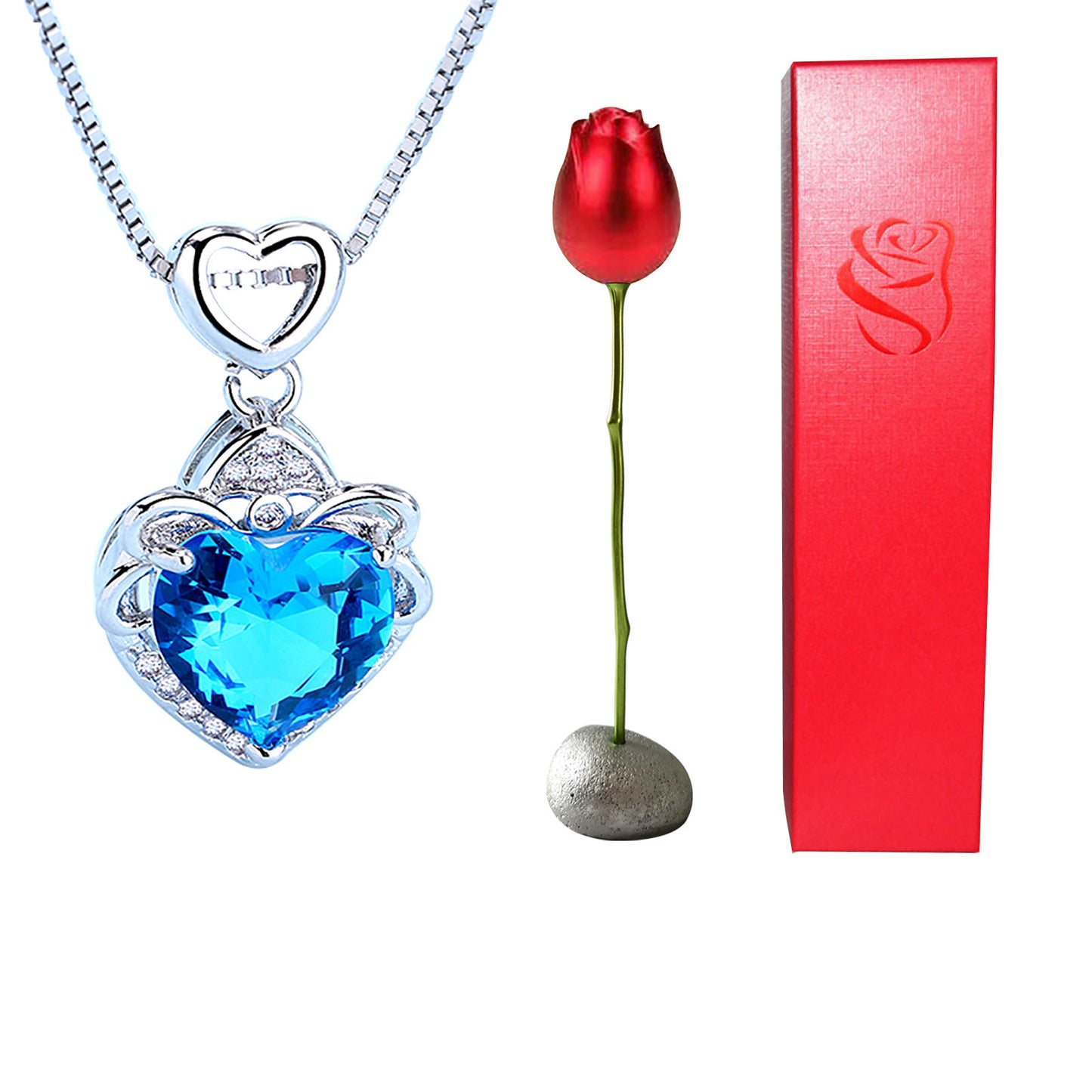 Collier avec pendentif en forme de cœur en cristal bleu violet et diamant en forme de tête de rose pour la Saint-Valentin