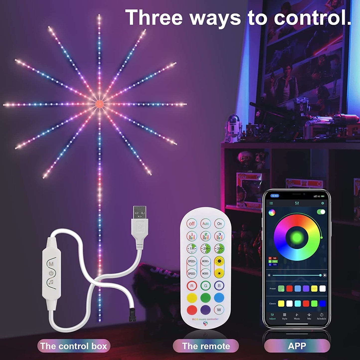 Lumières de feu d'artifice bande LED synchronisation sonore avec musique changement de couleur télécommande lumière de feu d'artifice pour fête en chambre