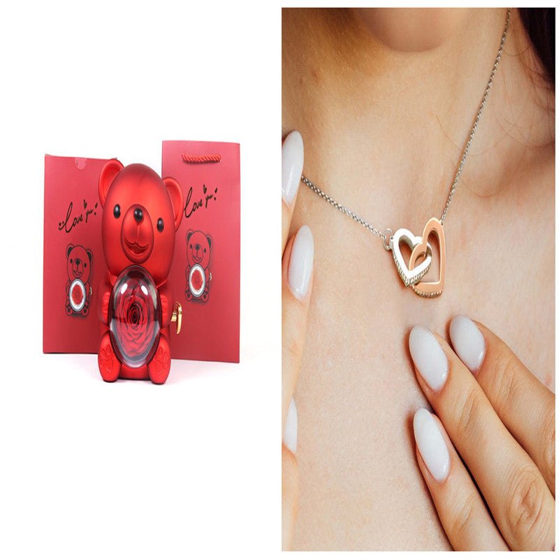 Boîte cadeau de nounours rose éternel avec collier, boîte à bijoux rose rotative, cadeau de Saint - Valentin, boîte de rangement pour femmes et petites amies. - KaoKao