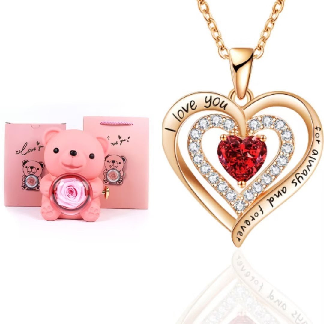 Boîte cadeau de nounours rose éternel avec collier, boîte à bijoux rose rotative, cadeau de Saint - Valentin, boîte de rangement pour femmes et petites amies. - KaoKao