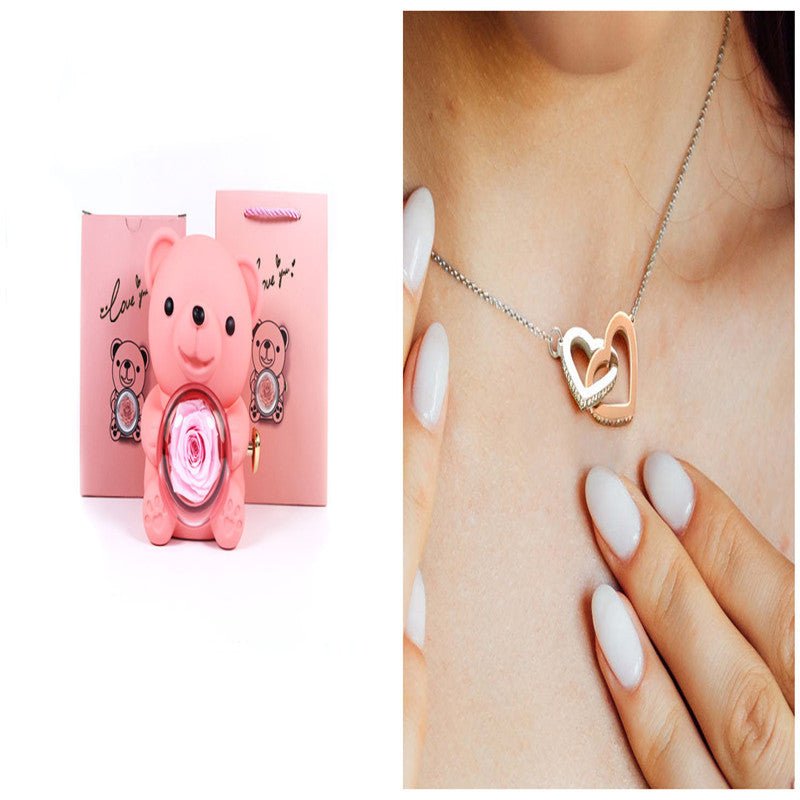 Boîte cadeau de nounours rose éternel avec collier, boîte à bijoux rose rotative, cadeau de Saint - Valentin, boîte de rangement pour femmes et petites amies. - KaoKao