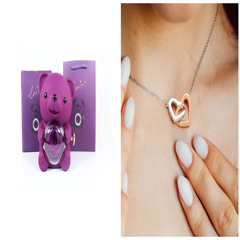 Boîte cadeau de nounours rose éternel avec collier, boîte à bijoux rose rotative, cadeau de Saint - Valentin, boîte de rangement pour femmes et petites amies. - KaoKao