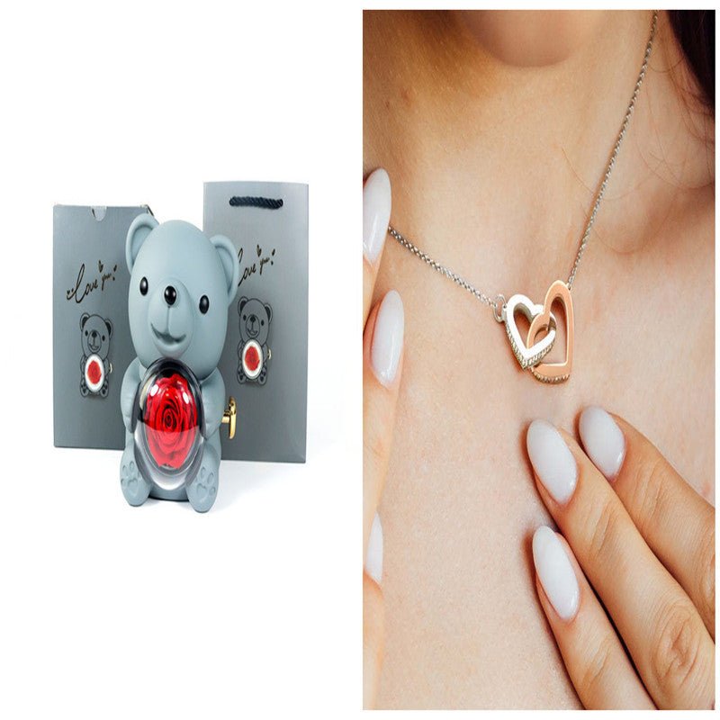 Boîte cadeau de nounours rose éternel avec collier, boîte à bijoux rose rotative, cadeau de Saint - Valentin, boîte de rangement pour femmes et petites amies. - KaoKao