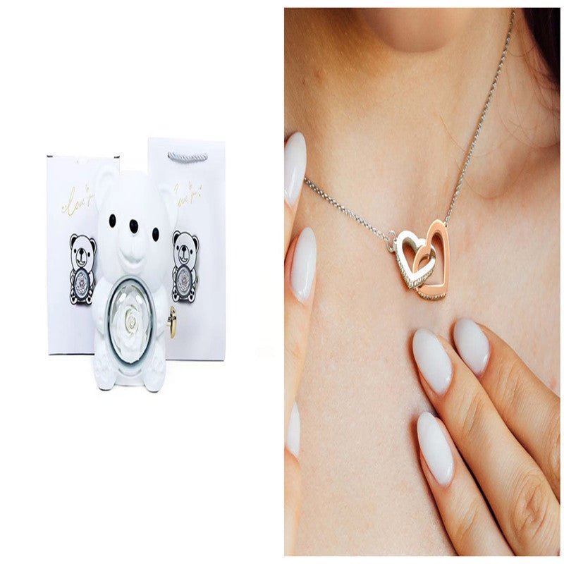 Boîte cadeau de nounours rose éternel avec collier, boîte à bijoux rose rotative, cadeau de Saint - Valentin, boîte de rangement pour femmes et petites amies. - KaoKao