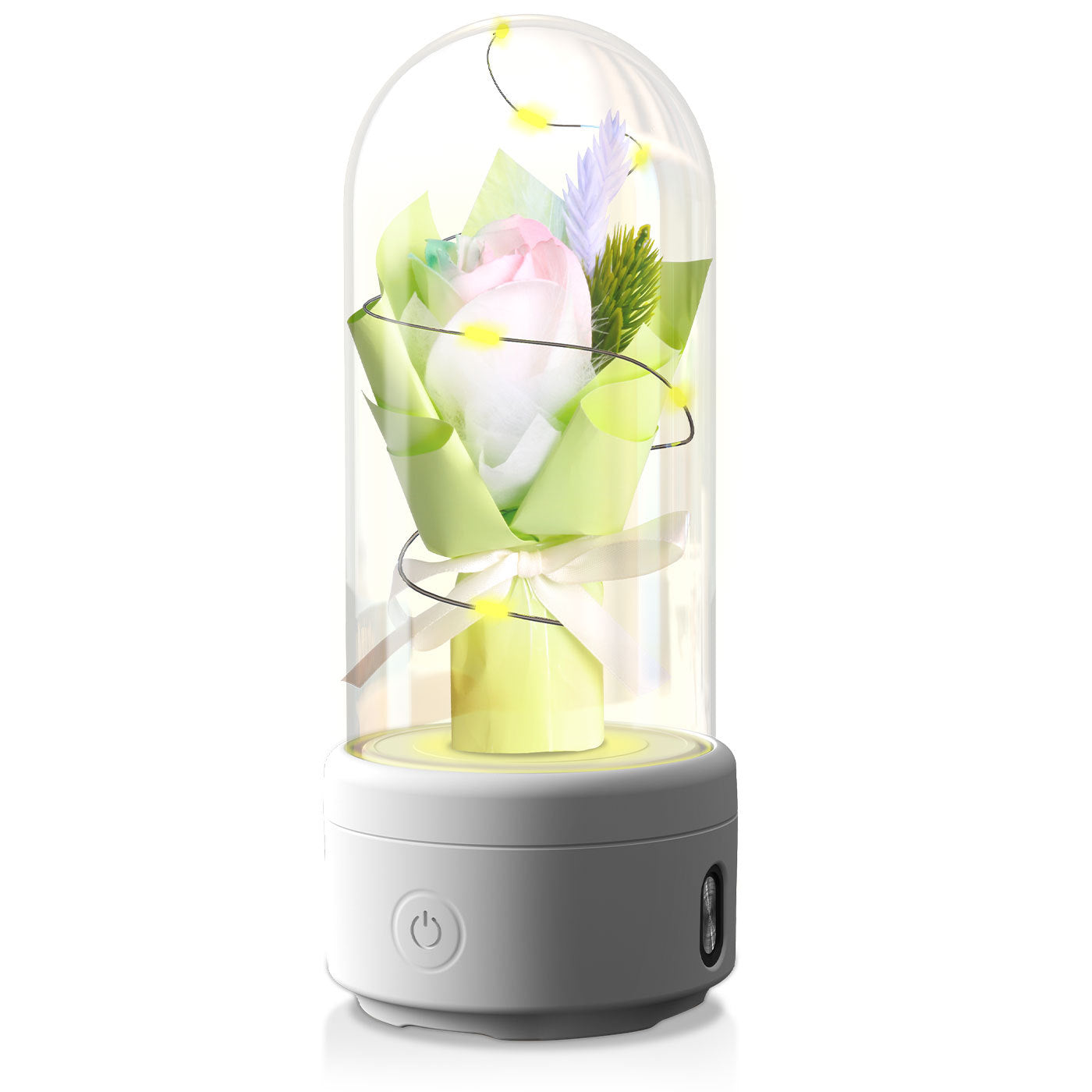 Bouquet créatif 2 en 1 avec lumière LED et haut-parleur compatible Bluetooth, cadeau de fête des mères, veilleuse lumineuse en forme de rose, ornement dans un couvercle en verre