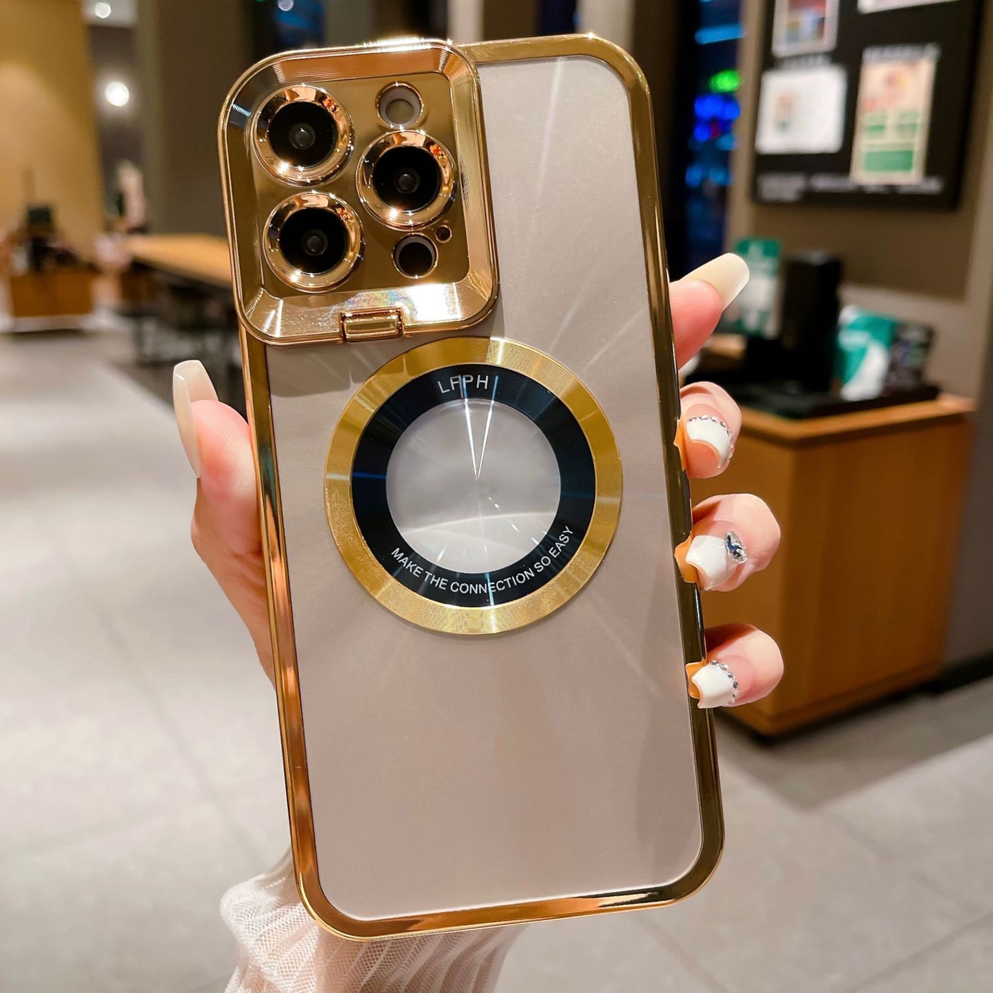 Coque de téléphone électroplaquée, plaquage de luxe, motif CD, étui avec support Magsafe pour 12 13 14 Pro Max, support de caméra invisible, support d'objectif, aspiration magnétique.