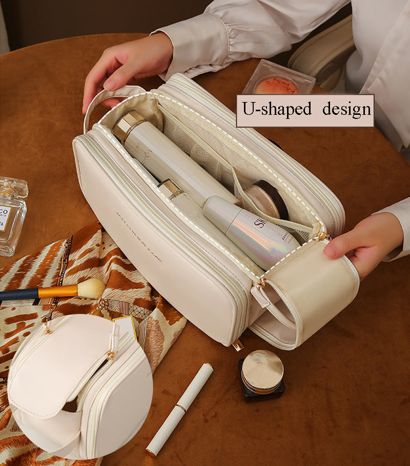 Trousse de maquillage à trois couches à double fermeture éclair en forme de U, trousse de maquillage tendance de grande capacité, sac de rangement portable en cuir PU pour produits de soins de la peau