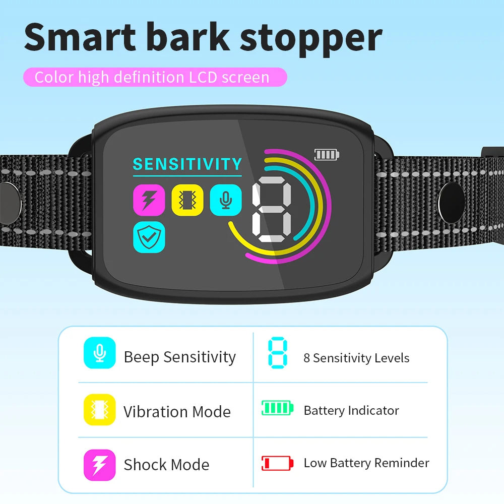 Collier anti-aboiement automatique intelligent rechargeable, dispositif d'arrêt des aboiements, affichage numérique HD, collier étanche IP67 pour chiens, produits pour animaux de compagnie.