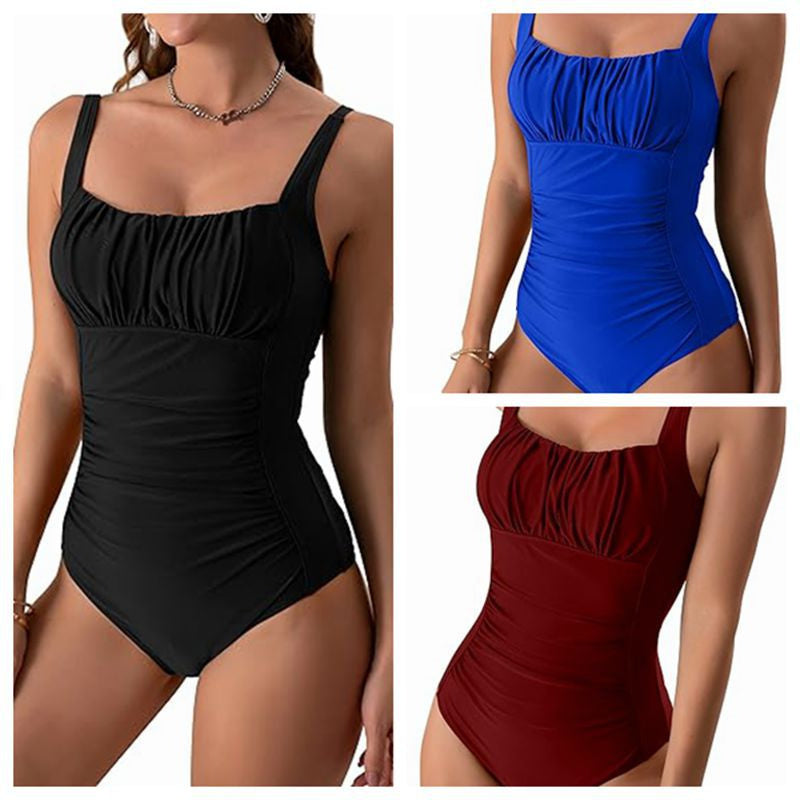 Maillot de bain une pièce sexy à col carré pour femme, nouvelle collection d'été, couleur unie, design plissé, vêtements de plage et de vacances