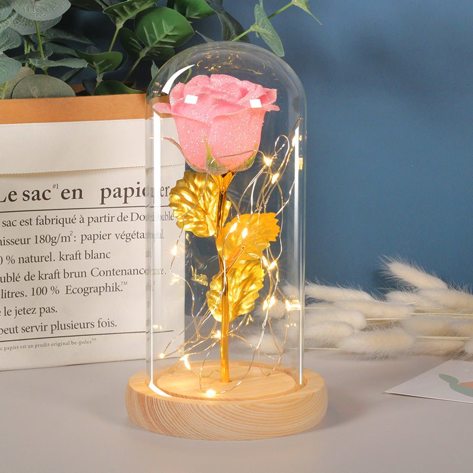 Cadeau de la Saint - Valentin pour petite amie, fleurs de rose éternelle avec lumière LED sous cloche en verre, décoration de mariage, cadeaux pour la fête des mères, cadeau féminin. - KaoKao