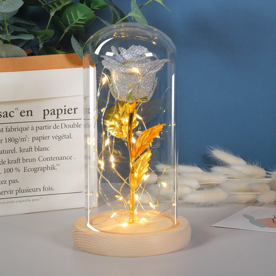 Cadeau de la Saint - Valentin pour petite amie, fleurs de rose éternelle avec lumière LED sous cloche en verre, décoration de mariage, cadeaux pour la fête des mères, cadeau féminin. - KaoKao
