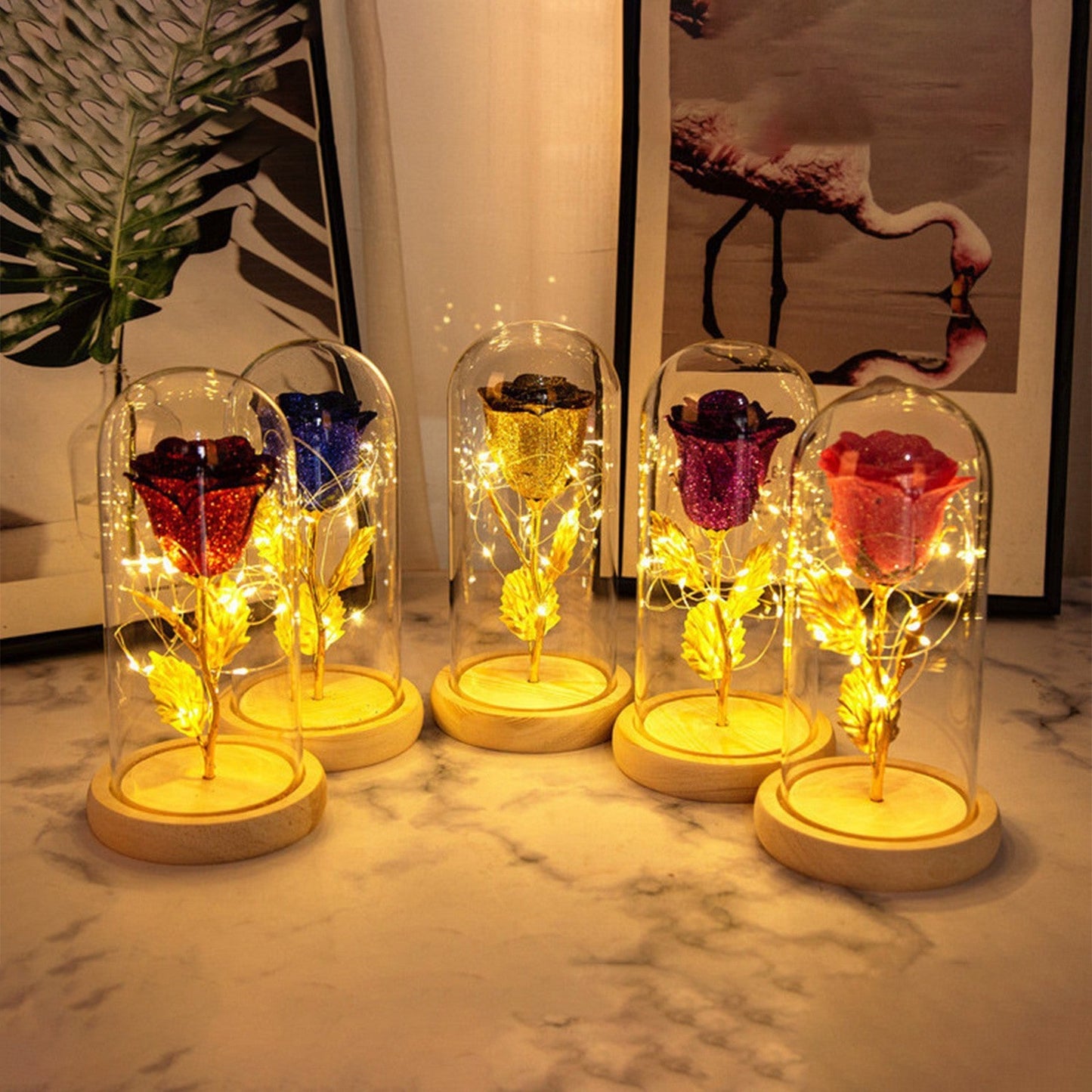 Cadeau de la Saint - Valentin pour petite amie, fleurs de rose éternelle avec lumière LED sous cloche en verre, décoration de mariage, cadeaux pour la fête des mères, cadeau féminin. - KaoKao