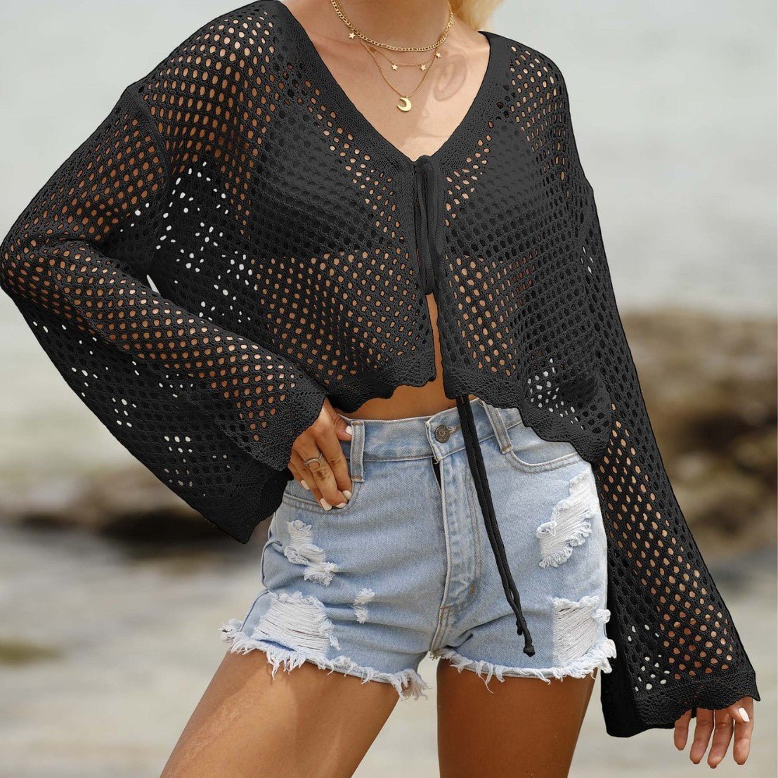 Cardigan à lacets pour femme, chemisier à manches longues ajouré pour la plage et la protection solaire - KaoKao