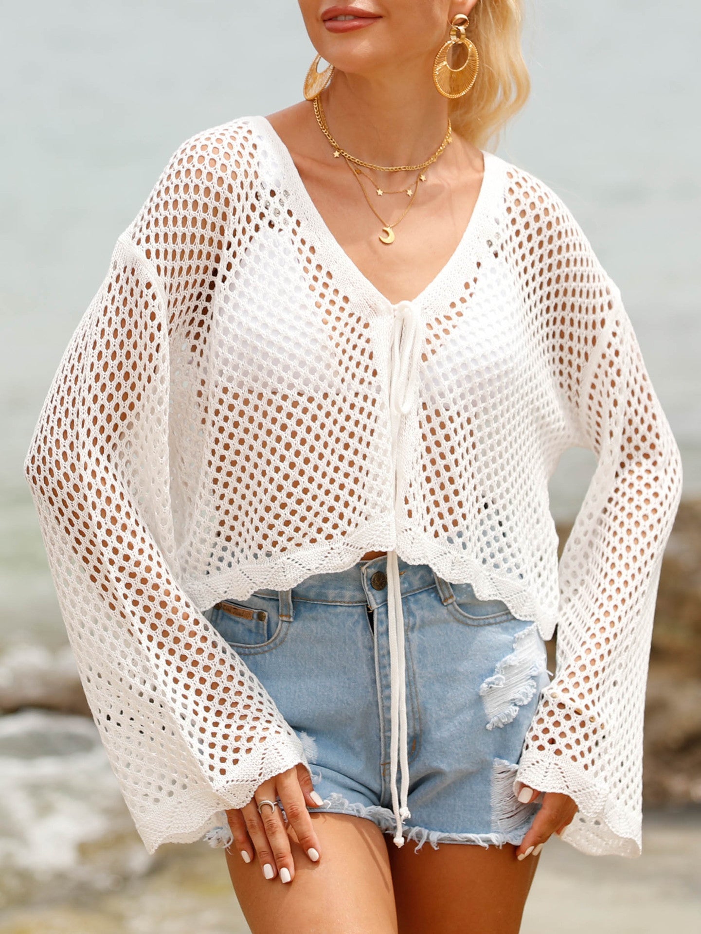 Cardigan à lacets pour femme, chemisier à manches longues ajouré pour la plage et la protection solaire - KaoKao