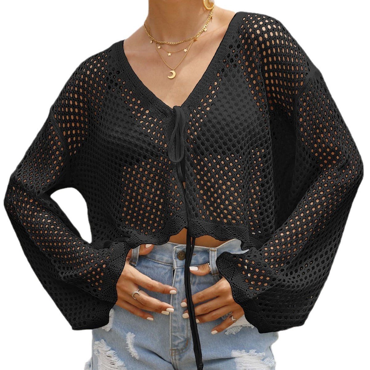 Cardigan à lacets pour femme, chemisier à manches longues ajouré pour la plage et la protection solaire - KaoKao