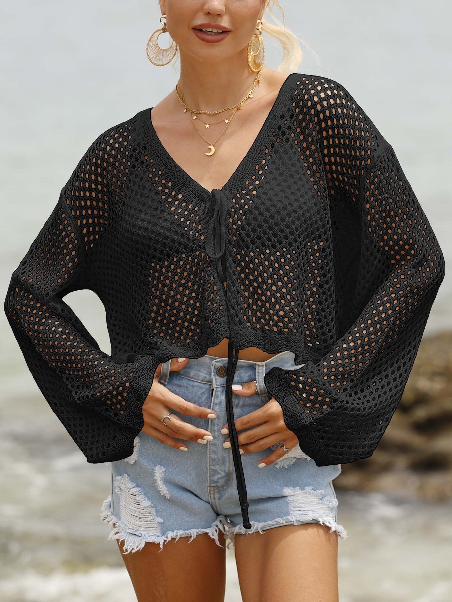 Cardigan à lacets pour femme, chemisier à manches longues ajouré pour la plage et la protection solaire - KaoKao