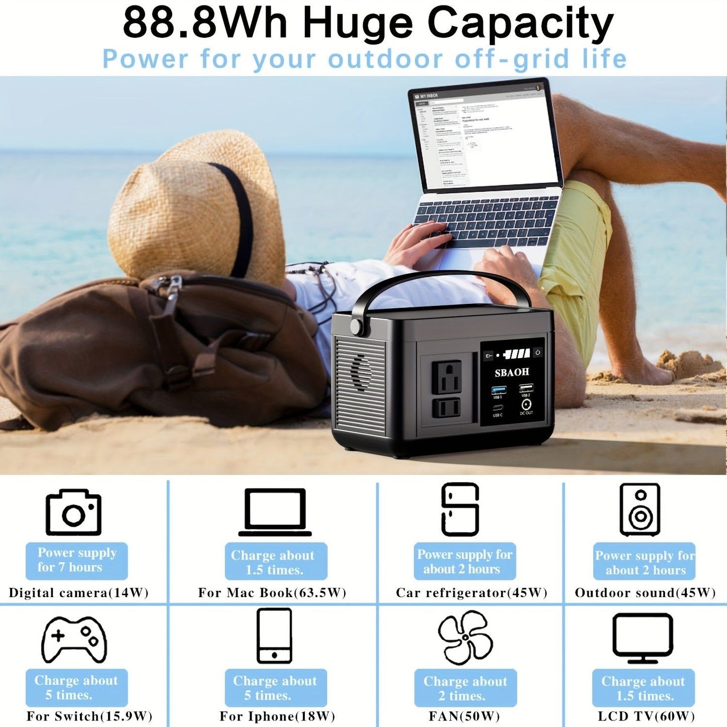 Centrale électrique portable P86, batterie LiFePo4 88,8 Wh, avec sorties CA 120 W, générateur solaire pour voyage et camping - KaoKao