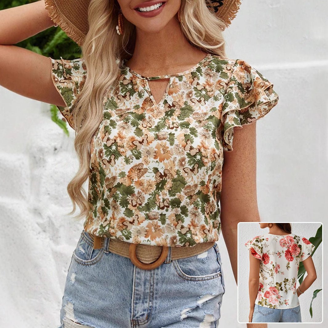 Chemise à manches courtes à imprimé floral, mode estivale, hauts à volants, vêtements pour femmes - KaoKao