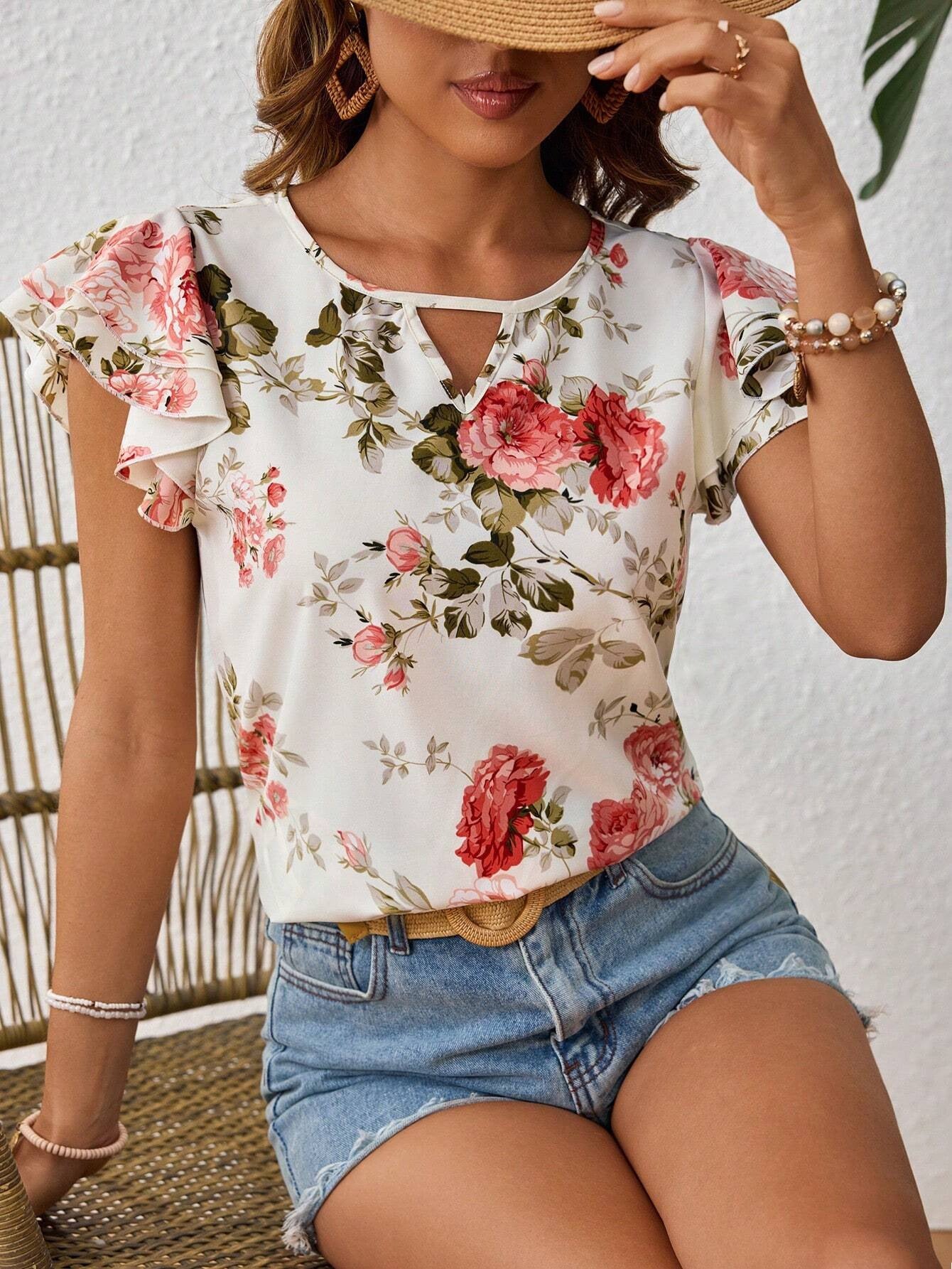 Chemise à manches courtes à imprimé floral, mode estivale, hauts à volants, vêtements pour femmes - KaoKao