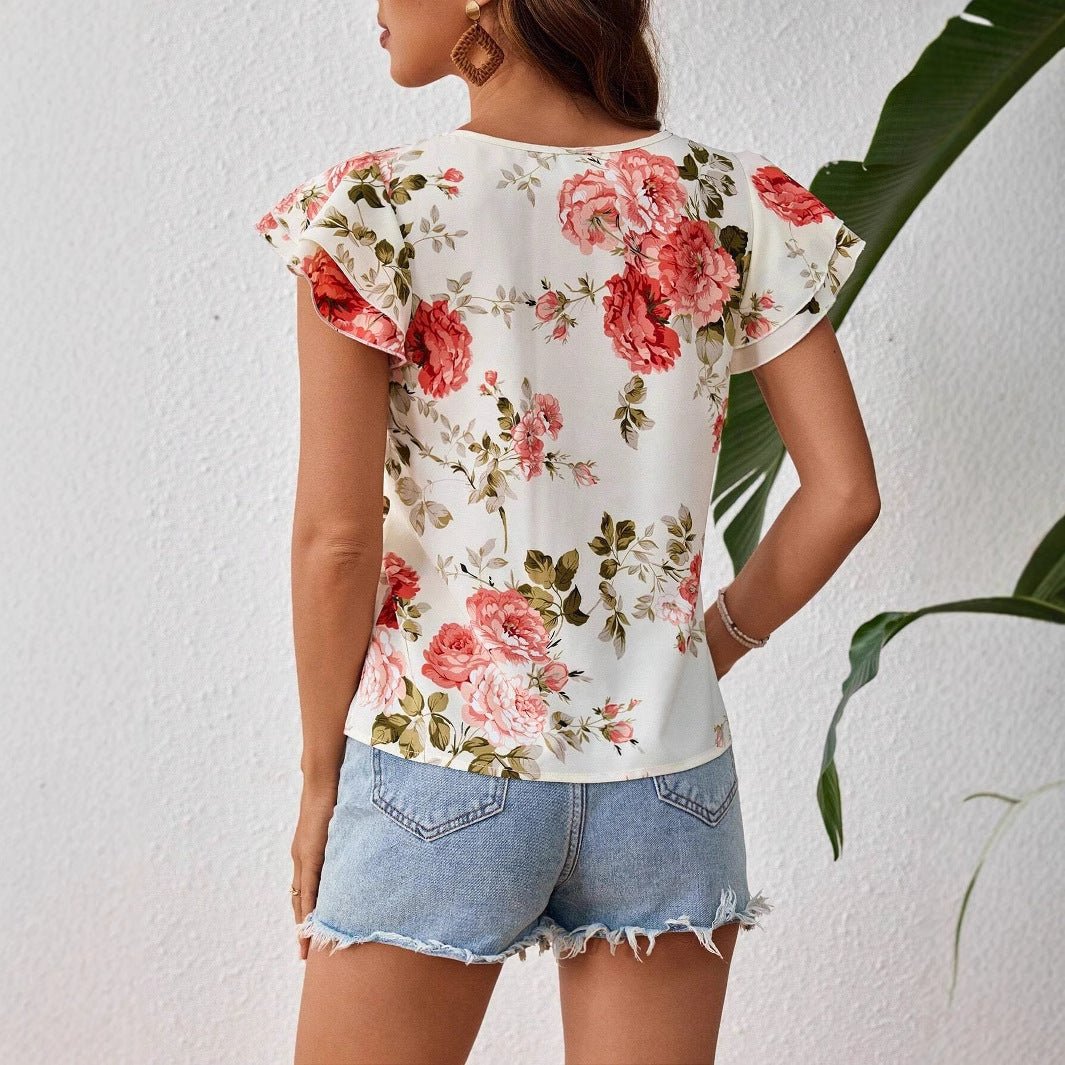Chemise à manches courtes à imprimé floral, mode estivale, hauts à volants, vêtements pour femmes - KaoKao