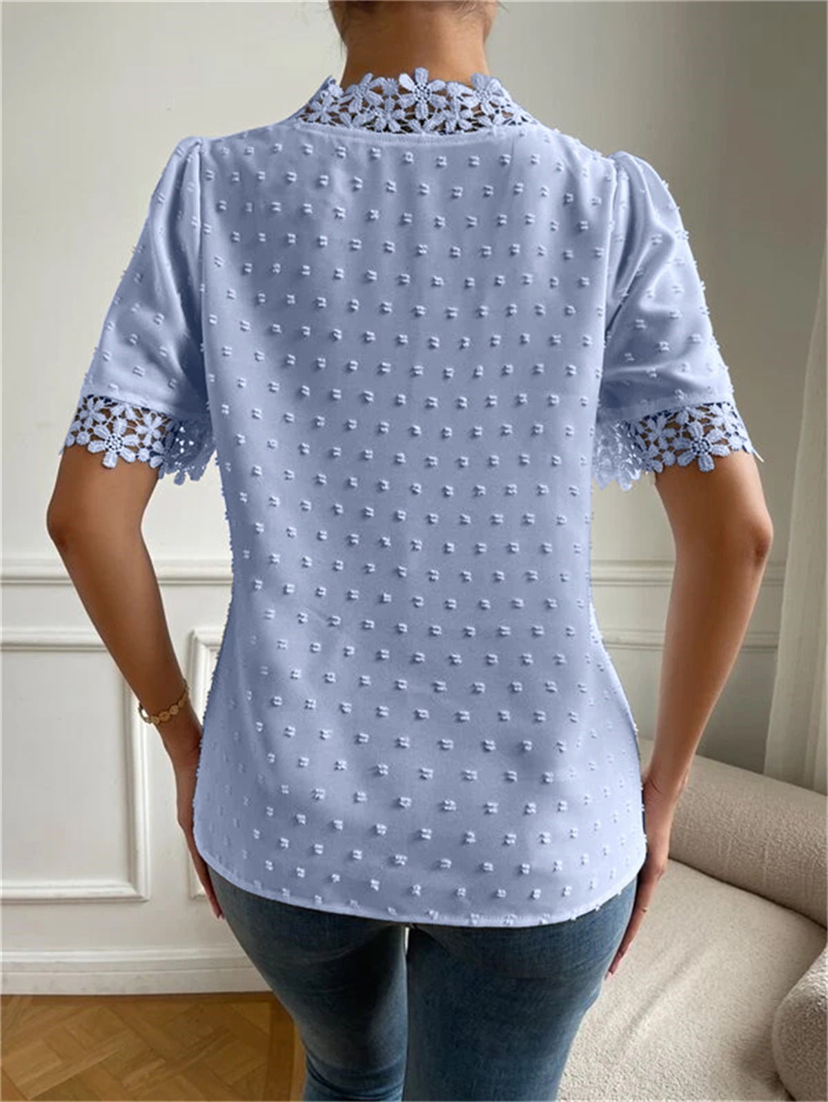 Chemise à manches courtes en dentelle florale, mode estivale, col en V, vêtements pour femmes - KaoKao