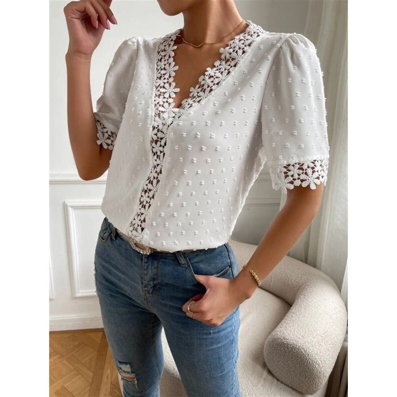 Chemise à manches courtes en dentelle florale, mode estivale, col en V, vêtements pour femmes - KaoKao