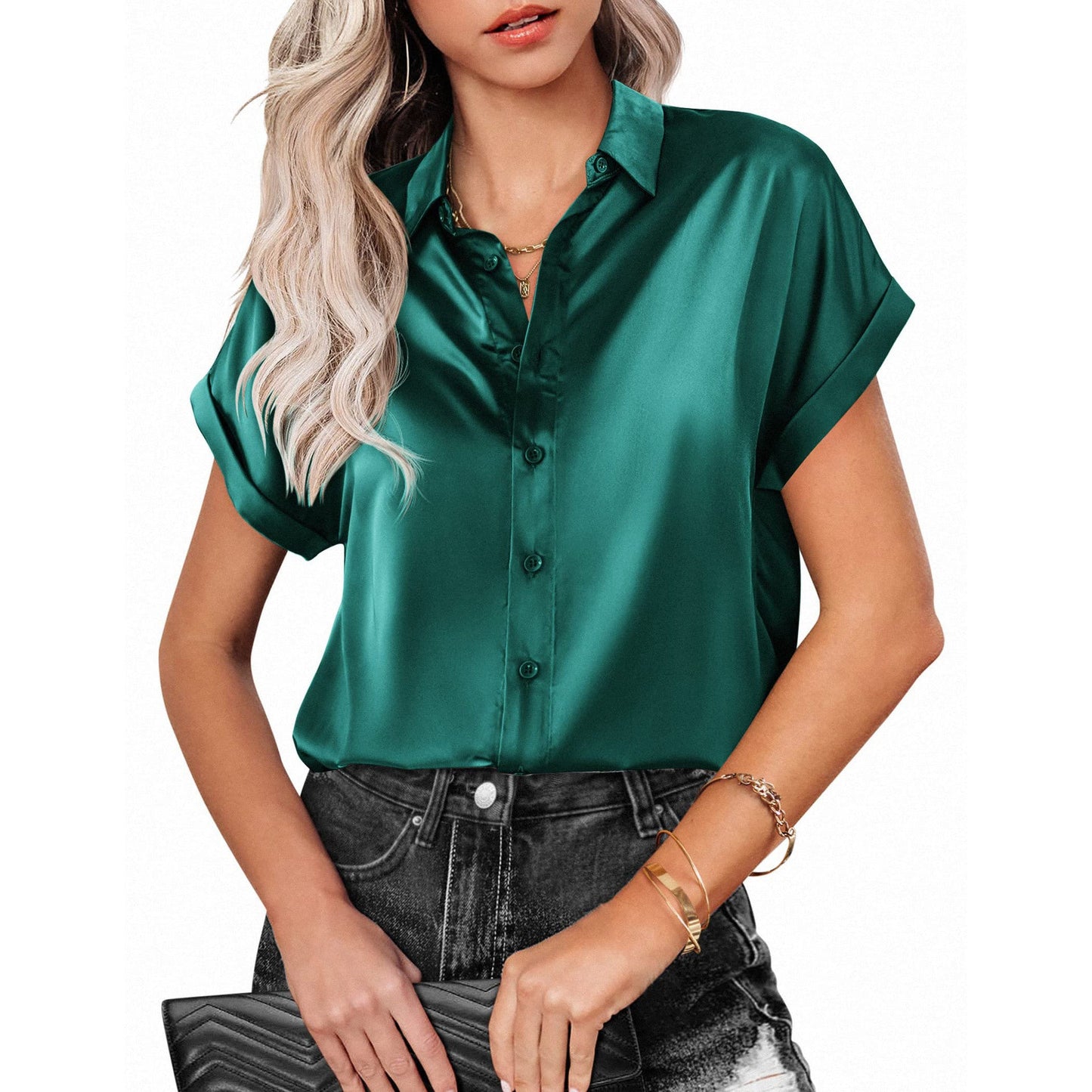 Chemise à manches courtes et revers boutonnés, haut de plage décontracté, ample, couleur unie, pour femmes - KaoKao
