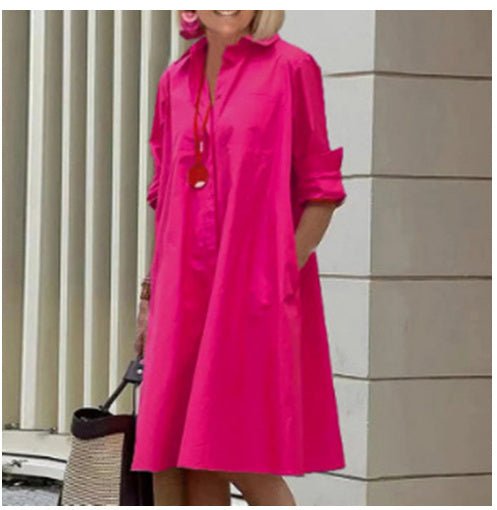 Chemise à manches longues pour femme, couleur unie, robe mi - longue simple - KaoKao