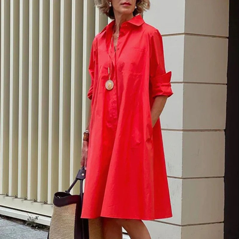 Chemise à manches longues pour femme, couleur unie, robe mi - longue simple - KaoKao