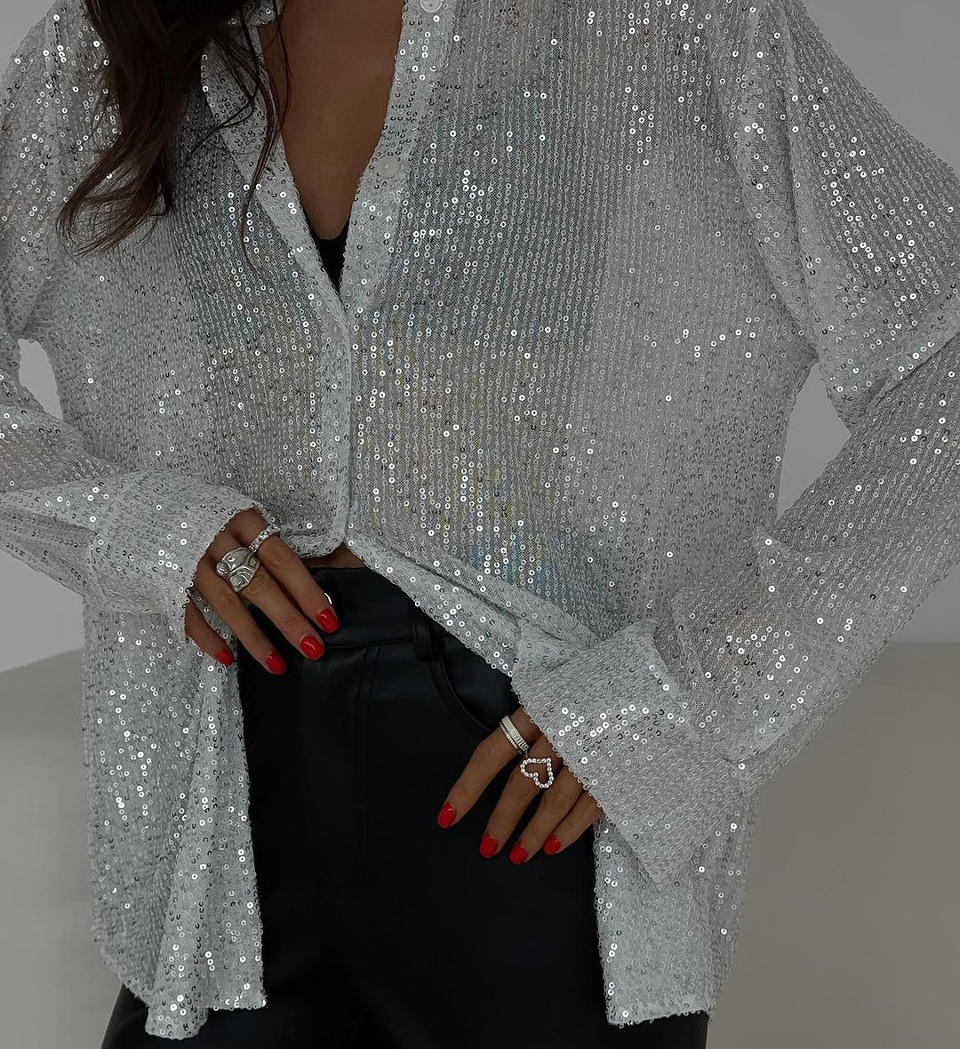 Chemise à paillettes à manches longues, style streetwear, à revers, pour soirée - KaoKao