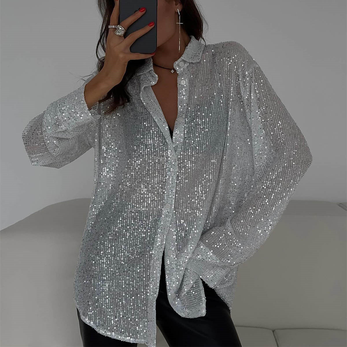 Chemise à paillettes à manches longues, style streetwear, à revers, pour soirée - KaoKao