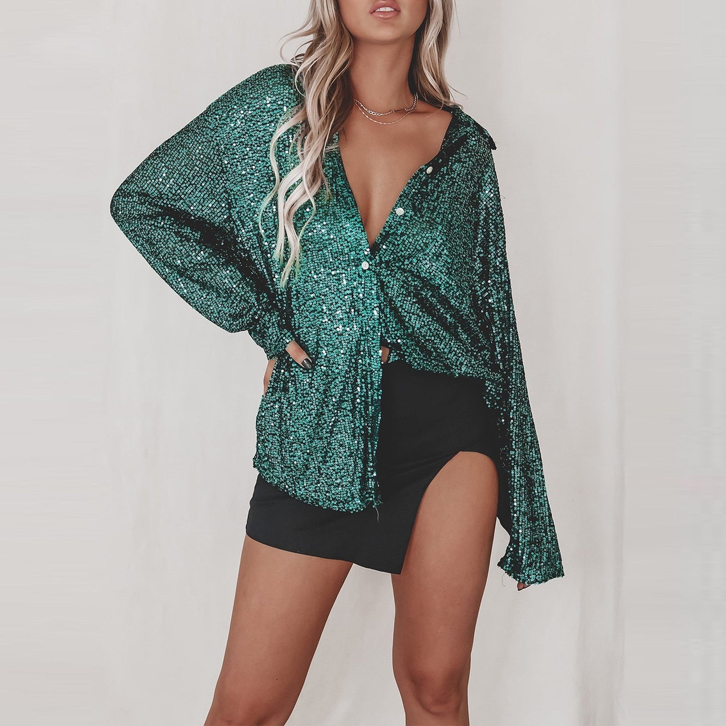 Chemise à paillettes à manches longues, style streetwear, à revers, pour soirée - KaoKao