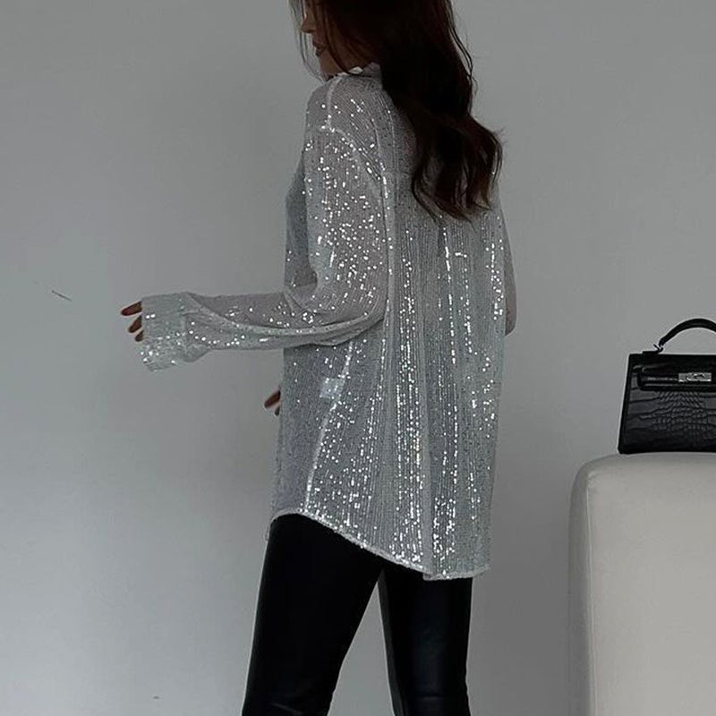 Chemise à paillettes à manches longues, style streetwear, à revers, pour soirée - KaoKao