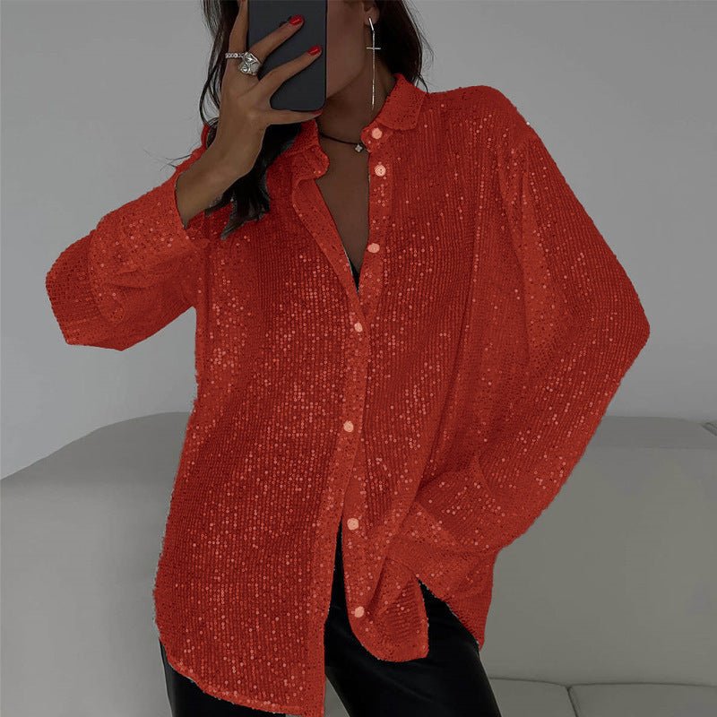 Chemise à paillettes à manches longues, style streetwear, à revers, pour soirée - KaoKao