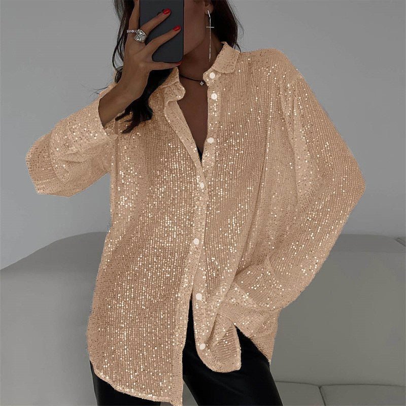 Chemise à paillettes à manches longues, style streetwear, à revers, pour soirée - KaoKao