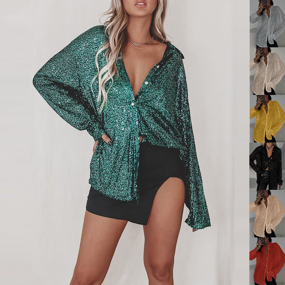 Chemise à paillettes à manches longues, style streetwear, à revers, pour soirée - KaoKao